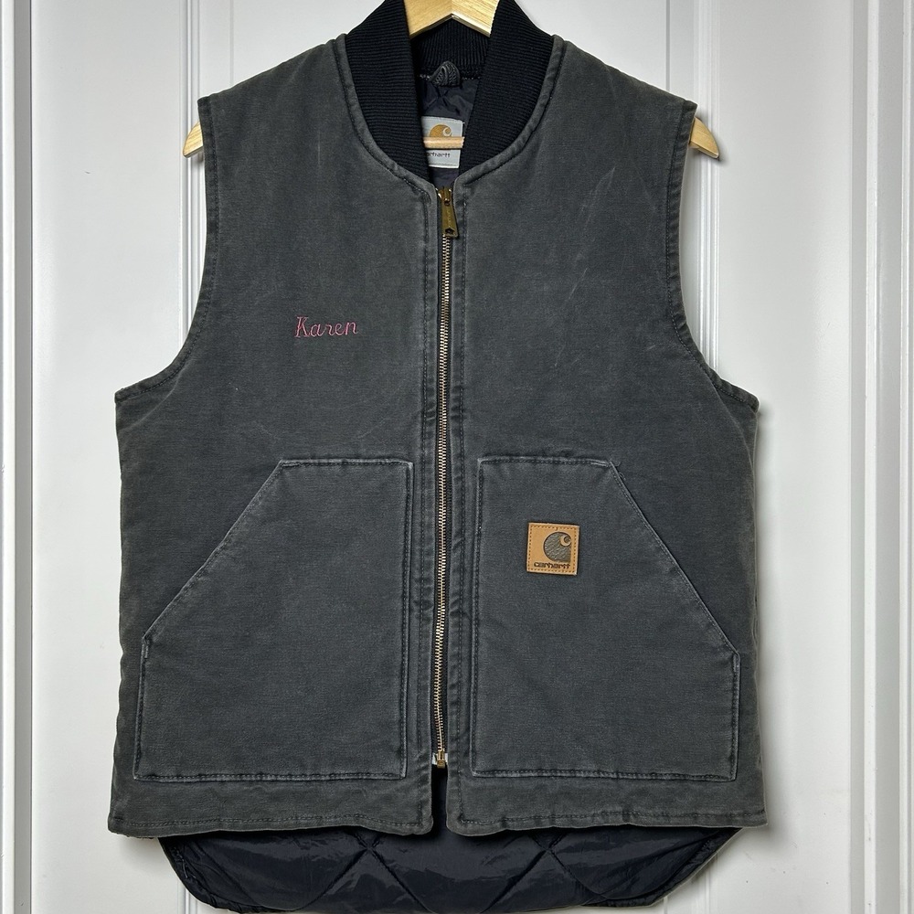 Carhartt Vintage Faded Black Brass Zip Leather Logo Patch Worn-In Quilted Vest
